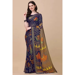 Mayawye Women's Viscose Rayon Printed Saree With Unstitched Blouse (Navy Blue)