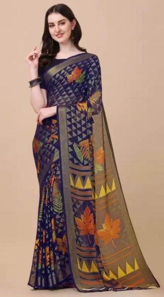 Mayawye Women's Viscose Rayon Printed Saree With Unstitched Blouse (Navy Blue)