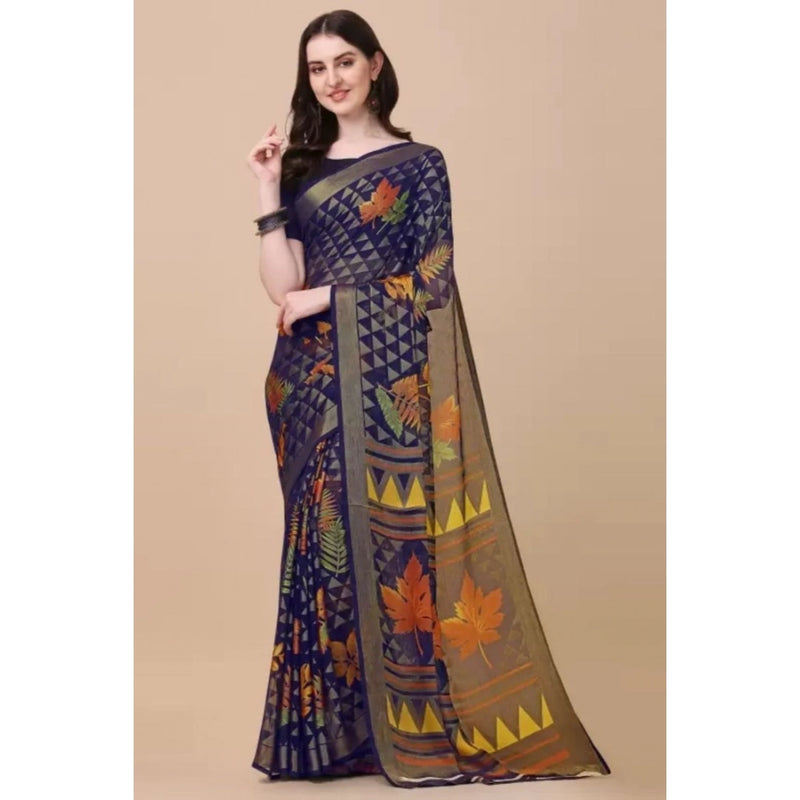 Mayawye Women's Viscose Rayon Printed Saree With Unstitched Blouse (Navy Blue)