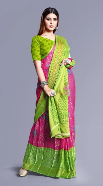 Mayawye Women's Viscose Rayon Printed Saree With Unstitched Blouse (Pink)