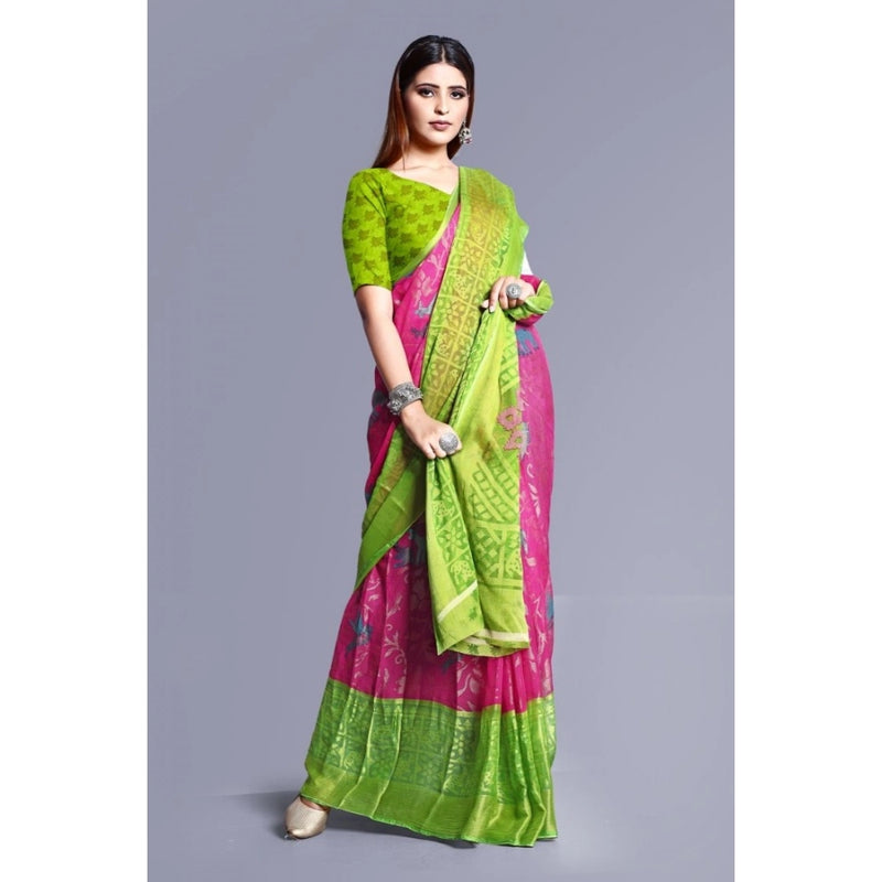 Mayawye Women's Viscose Rayon Printed Saree With Unstitched Blouse (Pink)