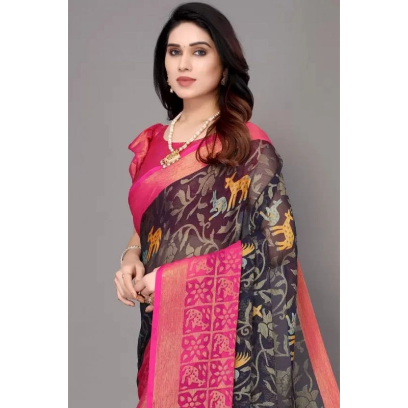 Mayawye Women's Viscose Rayon Printed Saree With Unstitched Blouse (Navy Blue)