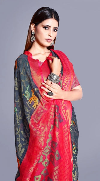 Mayawye Women's Viscose Rayon Printed Saree With Unstitched Blouse (Grey)