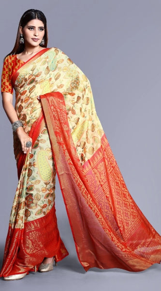 Mayawye Women's Viscose Rayon Printed Saree With Unstitched Blouse (Red)