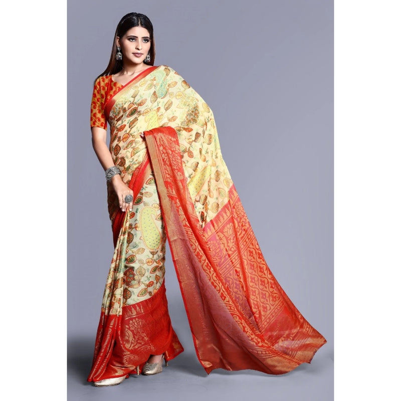 Mayawye Women's Viscose Rayon Printed Saree With Unstitched Blouse (Red)