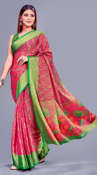 Mayawye Women's Viscose Rayon Printed Saree With Unstitched Blouse (Pink)