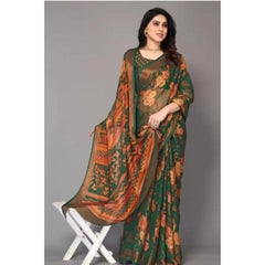 Mayawye Women's Viscose Rayon Printed Saree With Unstitched Blouse (Green)