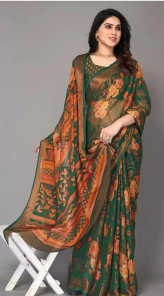 Mayawye Women's Viscose Rayon Printed Saree With Unstitched Blouse (Green)