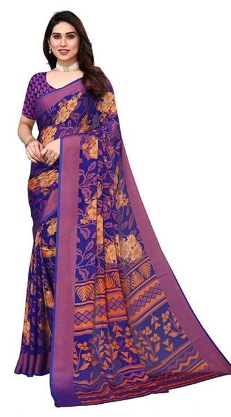 Mayawye Women's Viscose Rayon Printed Saree With Unstitched Blouse (Blue)