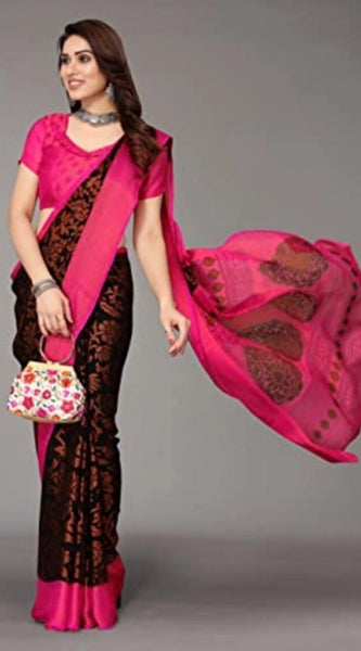 Mayawye Women's Viscose Rayon Printed Saree With Unstitched Blouse (Black)