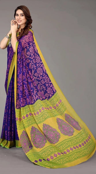 Mayawye Women's Viscose Rayon Printed Saree With Unstitched Blouse (Blue)