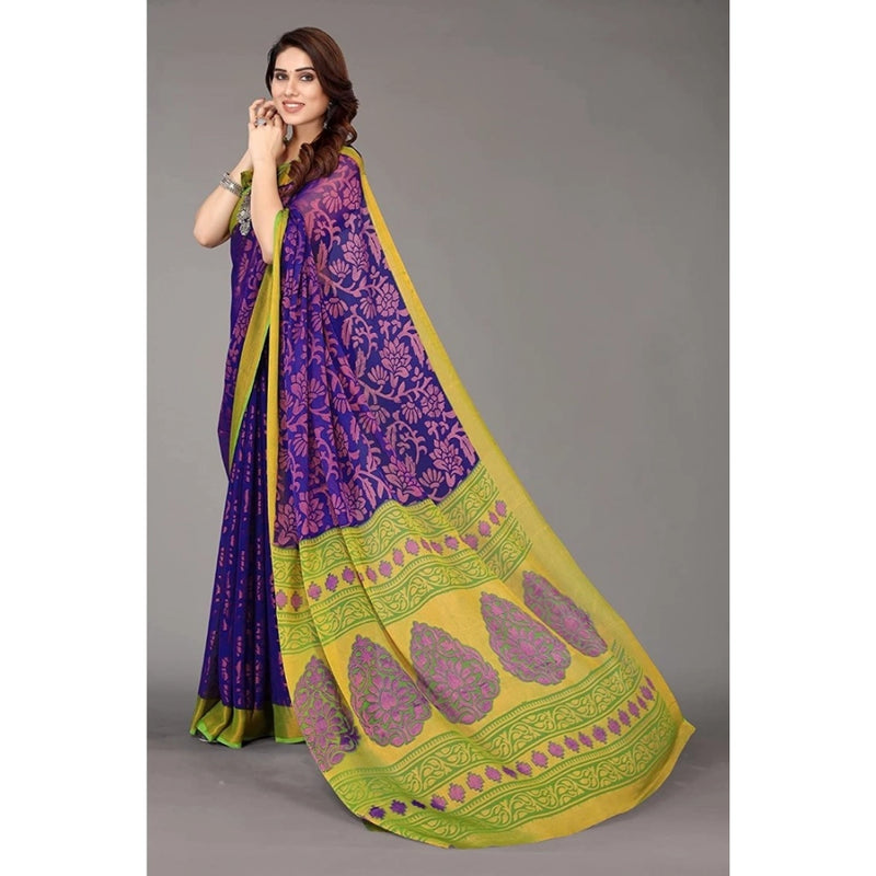 Mayawye Women's Viscose Rayon Printed Saree With Unstitched Blouse (Blue)