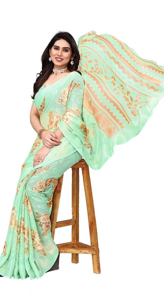Mayawye Women's Viscose Rayon Printed Saree With Unstitched Blouse (Pista)