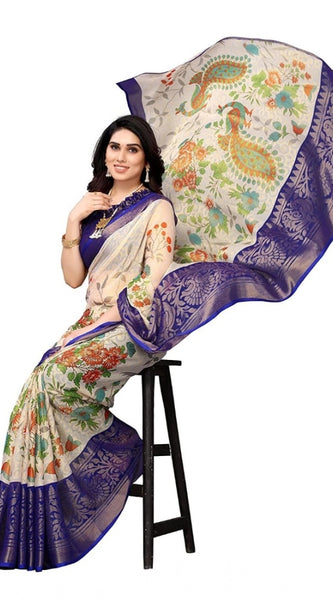Mayawye Women's Viscose Rayon Printed Saree With Unstitched Blouse (Blue)