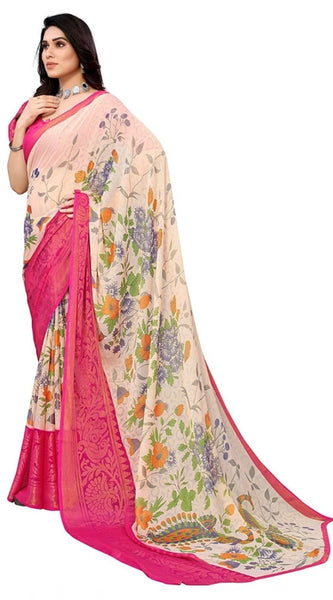 Mayawye Women's Viscose Rayon Printed Saree With Unstitched Blouse (Pink)
