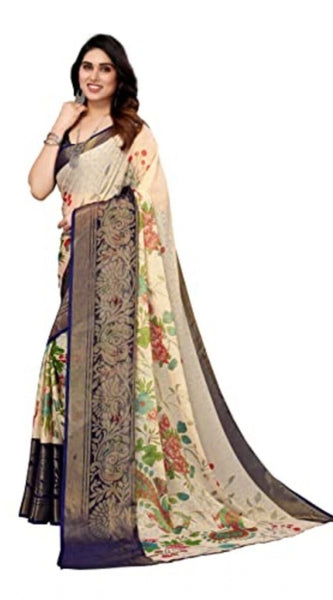 Mayawye Women's Viscose Rayon Printed Saree With Unstitched Blouse (Navy Blue)