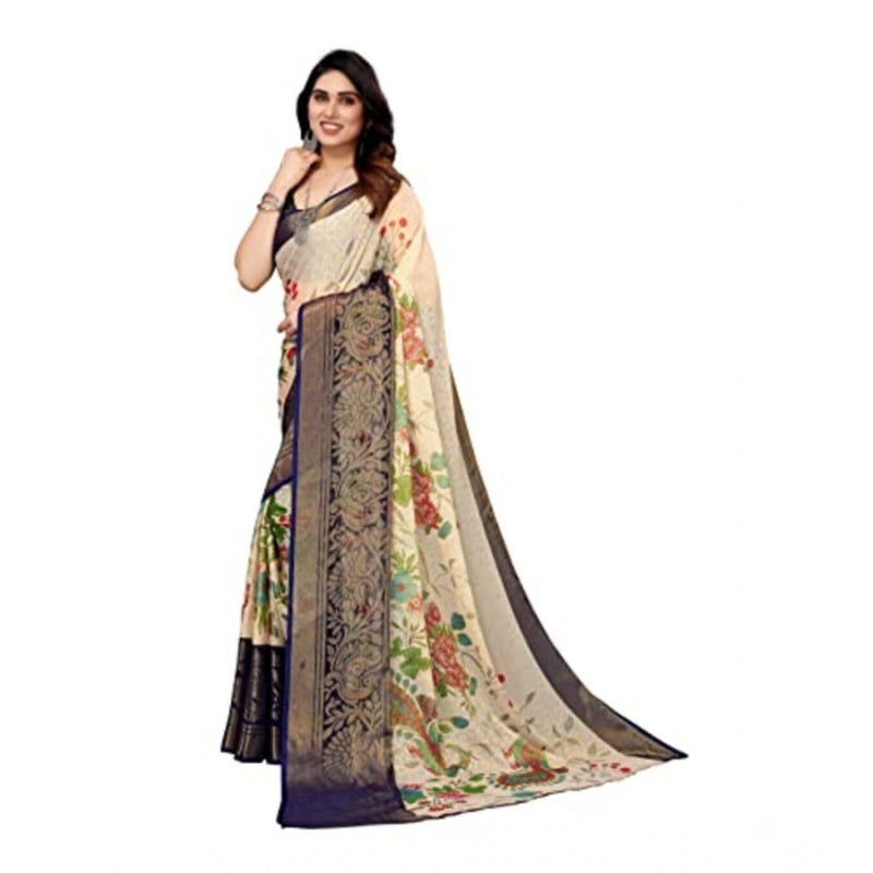 Mayawye Women's Viscose Rayon Printed Saree With Unstitched Blouse (Navy Blue)