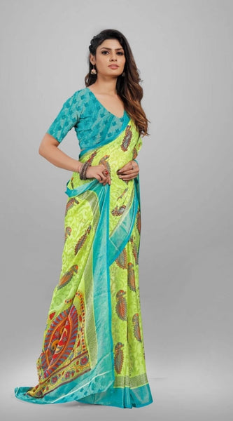 Mayawye Women's Viscose Rayon Printed Saree With Unstitched Blouse (Mehendi)