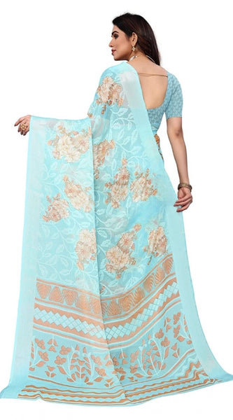 Mayawye Women's Viscose Rayon Printed Saree With Unstitched Blouse (Sky Blue)
