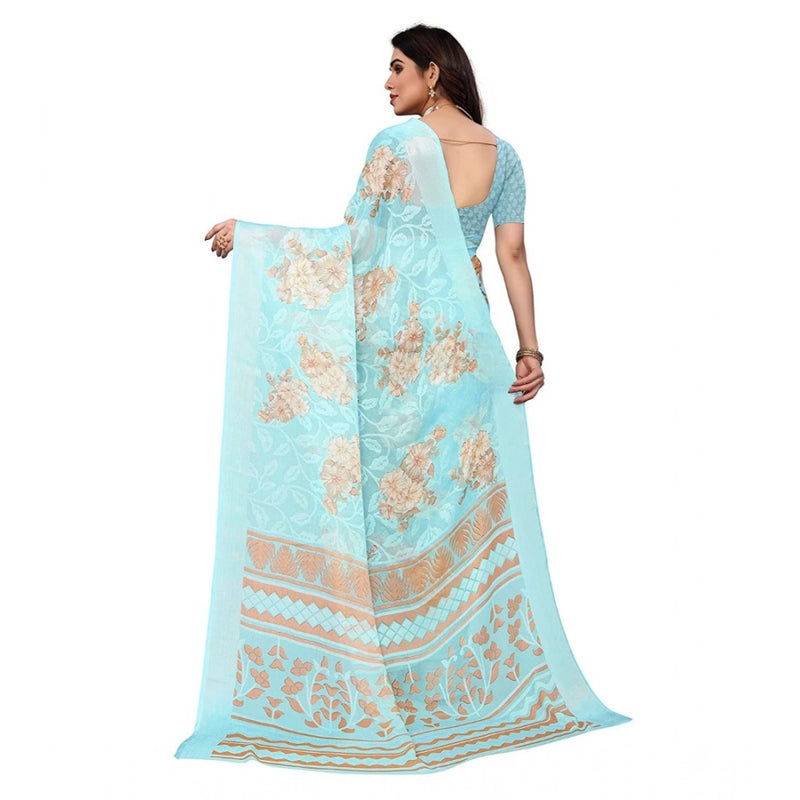 Mayawye Women's Viscose Rayon Printed Saree With Unstitched Blouse (Sky Blue)