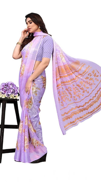 Mayawye Women's Viscose Rayon Printed Saree With Unstitched Blouse (Purple)