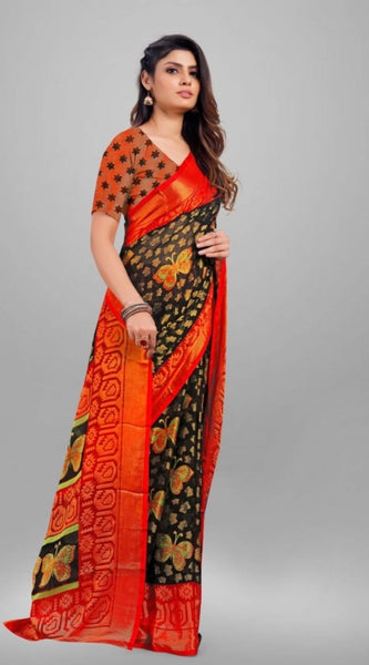 Mayawye Women's Viscose Rayon Printed Saree With Unstitched Blouse (Black)