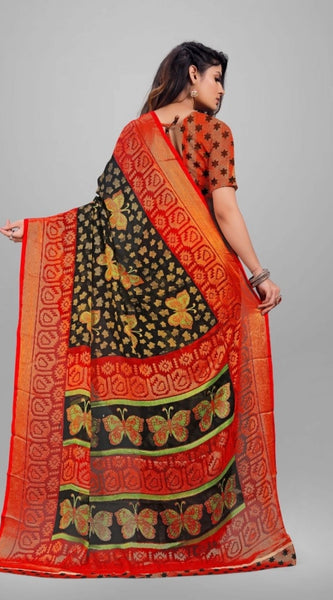 Mayawye Women's Viscose Rayon Printed Saree With Unstitched Blouse (Black)