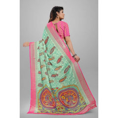 Mayawye Women's Viscose Rayon Printed Saree With Unstitched Blouse (Teal)