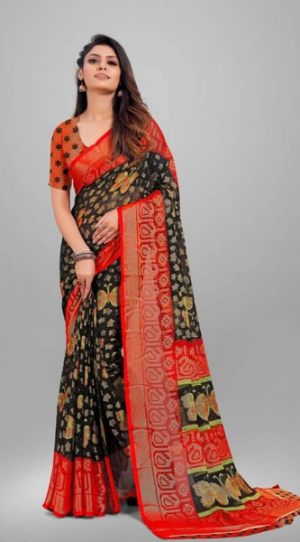 Mayawye Women's Viscose Rayon Printed Saree With Unstitched Blouse (Black)
