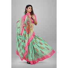 Mayawye Women's Viscose Rayon Printed Saree With Unstitched Blouse (Teal)