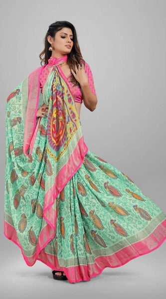 Mayawye Women's Viscose Rayon Printed Saree With Unstitched Blouse (Teal)