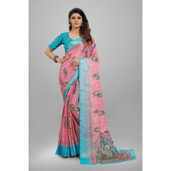Mayawye Women's Viscose Rayon Printed Saree With Unstitched Blouse (Pink)