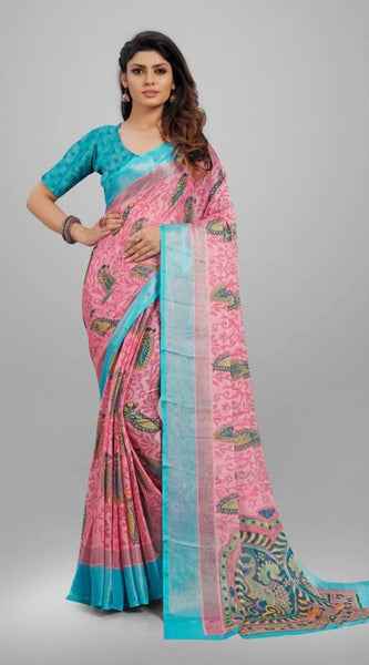 Mayawye Women's Viscose Rayon Printed Saree With Unstitched Blouse (Pink)
