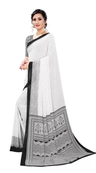 Mayawye Women's Georgette Printed Saree With Unstitched Blouse (Black)