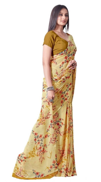 Mayawye Women's Georgette Printed Saree With Unstitched Blouse (Yellow)