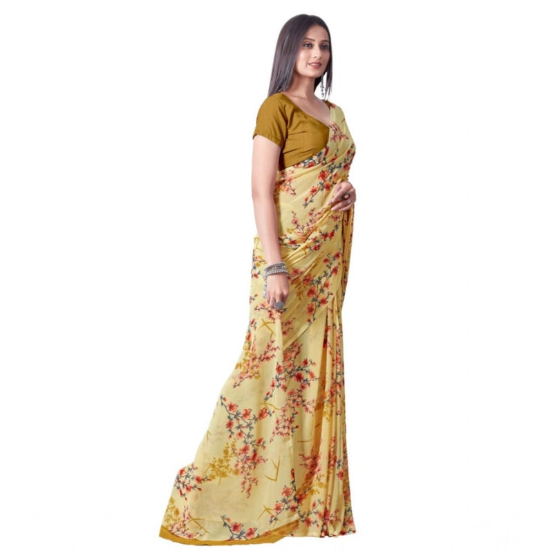 Mayawye Women's Georgette Printed Saree With Unstitched Blouse (Yellow)