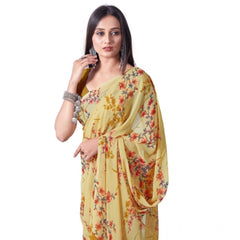 Mayawye Women's Georgette Printed Saree With Unstitched Blouse (Yellow)