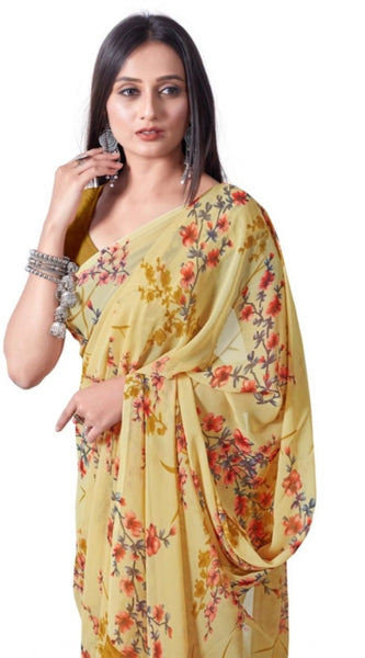 Mayawye Women's Georgette Printed Saree With Unstitched Blouse (Yellow)