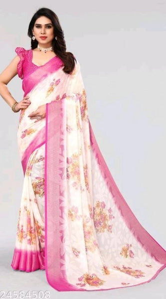 Mayawye Women's Viscose Rayon Printed Saree With Unstitched Blouse (Pink)