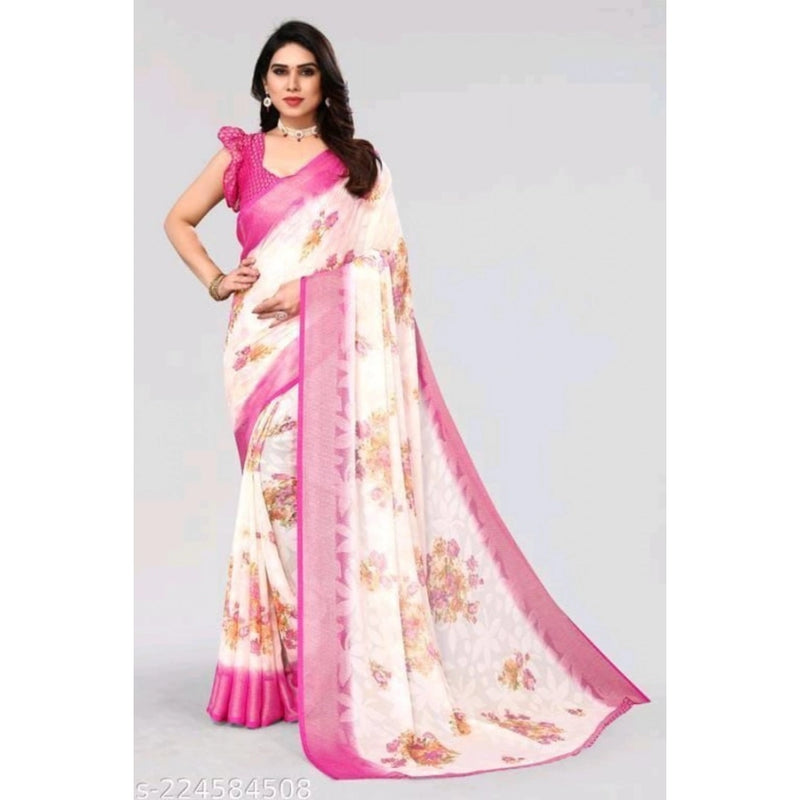 Mayawye Women's Viscose Rayon Printed Saree With Unstitched Blouse (Pink)