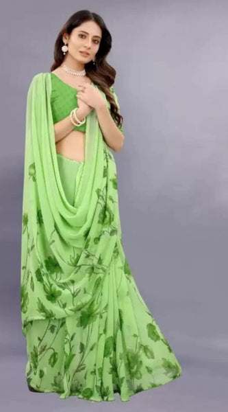 Mayawye Women's Georgette Printed Saree With Unstitched Blouse (Green)