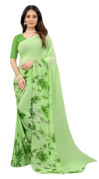 Mayawye Women's Georgette Printed Saree With Unstitched Blouse (Green)
