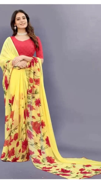 Mayawye Women's Georgette Printed Saree With Unstitched Blouse (Yellow)