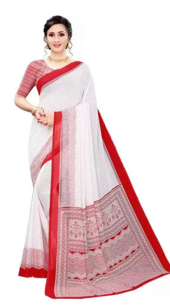 Mayawye Women's Georgette Printed Saree With Unstitched Blouse (Red)