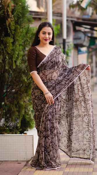 Mayawye Women's Georgette Printed Saree With Unstitched Blouse (Brown)
