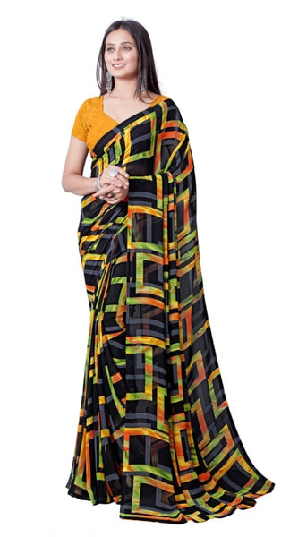 Mayawye Women's Georgette Printed Saree With Unstitched Blouse (Yellow)