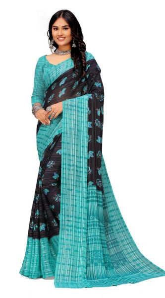 Mayawye Women's Georgette Printed Saree With Unstitched Blouse (Skyblue)