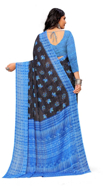 Mayawye Women's Georgette Printed Saree With Unstitched Blouse (Blue)