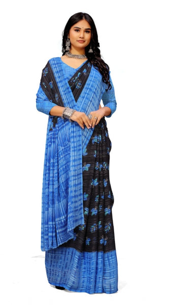 Mayawye Women's Georgette Printed Saree With Unstitched Blouse (Blue)