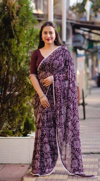 Mayawye Women's Georgette Printed Saree With Unstitched Blouse (Purple)